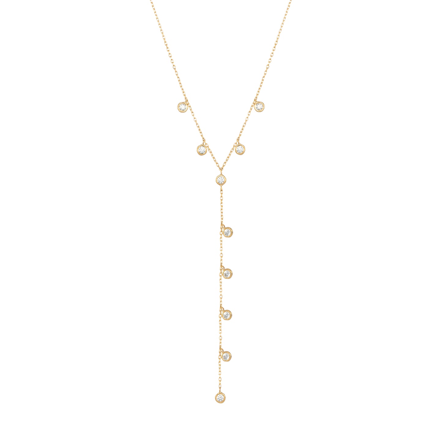 Dangling Diamond Necklace Round White Stones in 18k Yellow Gold