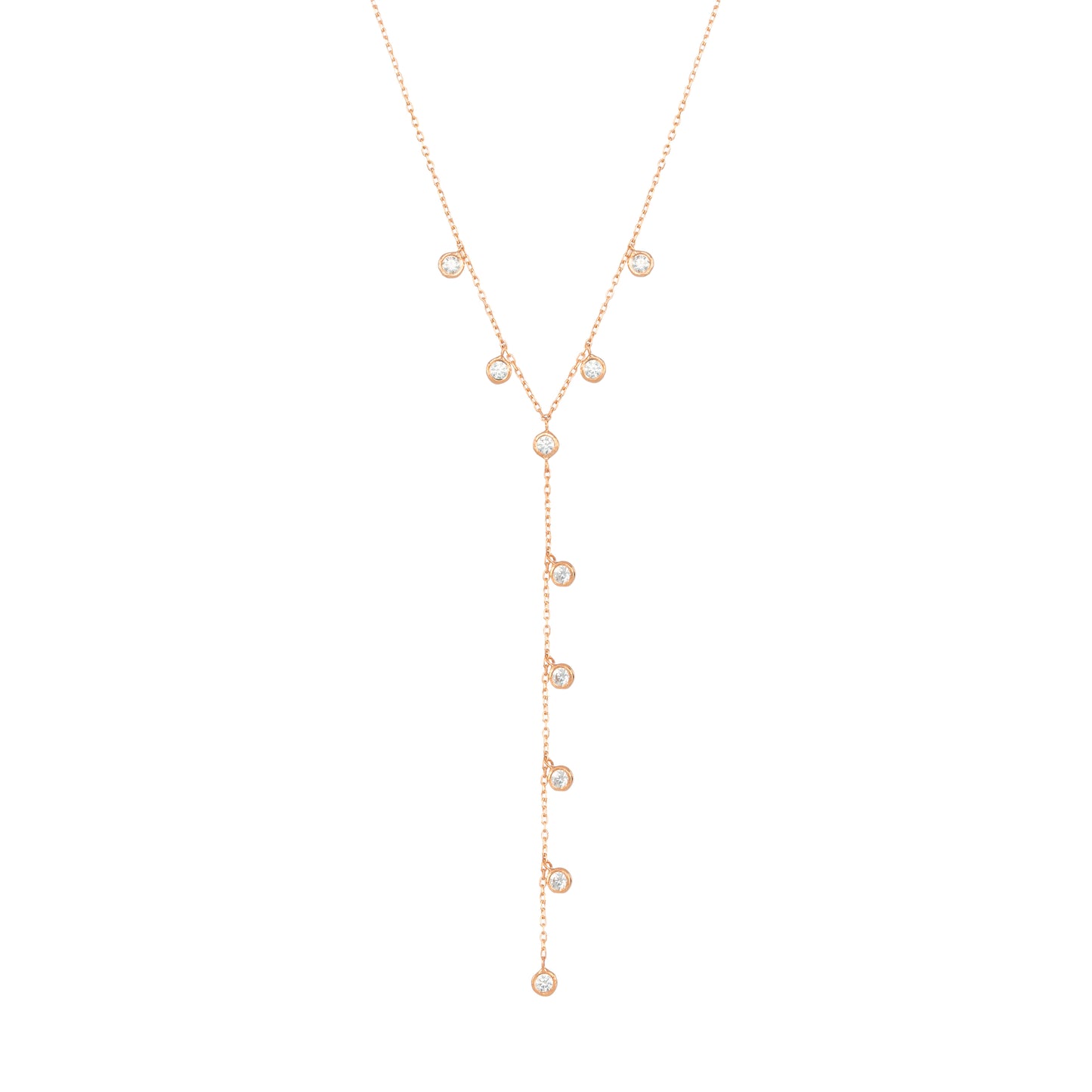 Dangling Diamond Necklace Round White Stones in 18k Rose Gold