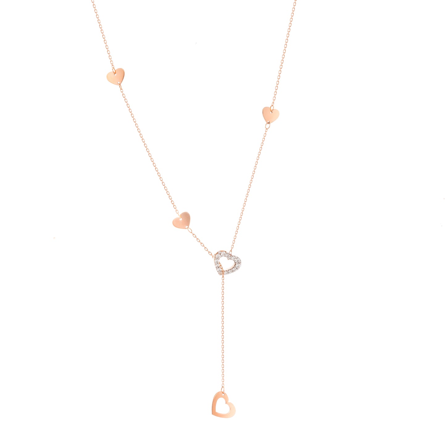 Pave Diamond Heart Lariat Necklace Rose Gold