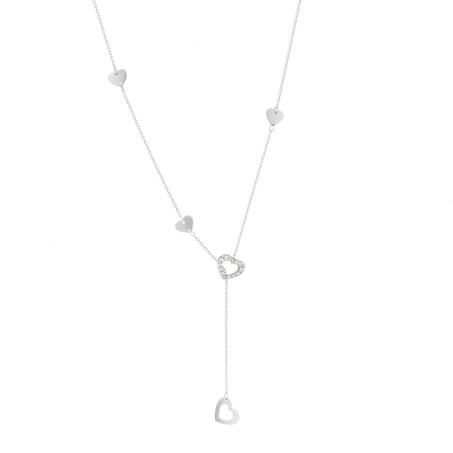 Pave Diamond Heart Lariat Necklace White Gold