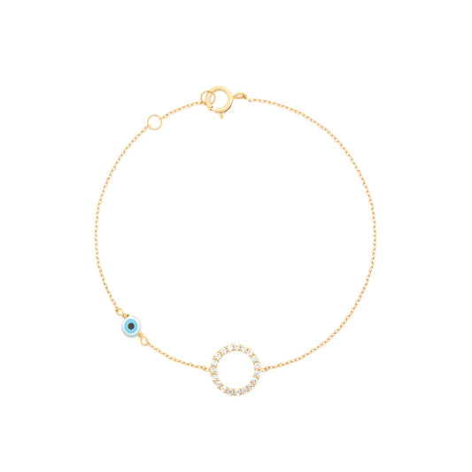 Pave Round Diamond Bracelet with Evil Eye Yellow Gold